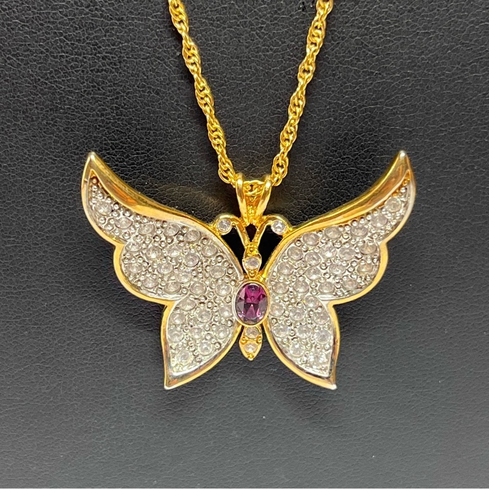 PS Co VTG 1999 Golden Crystal Butterfly Figural Pendant Necklace Jewelry 23"